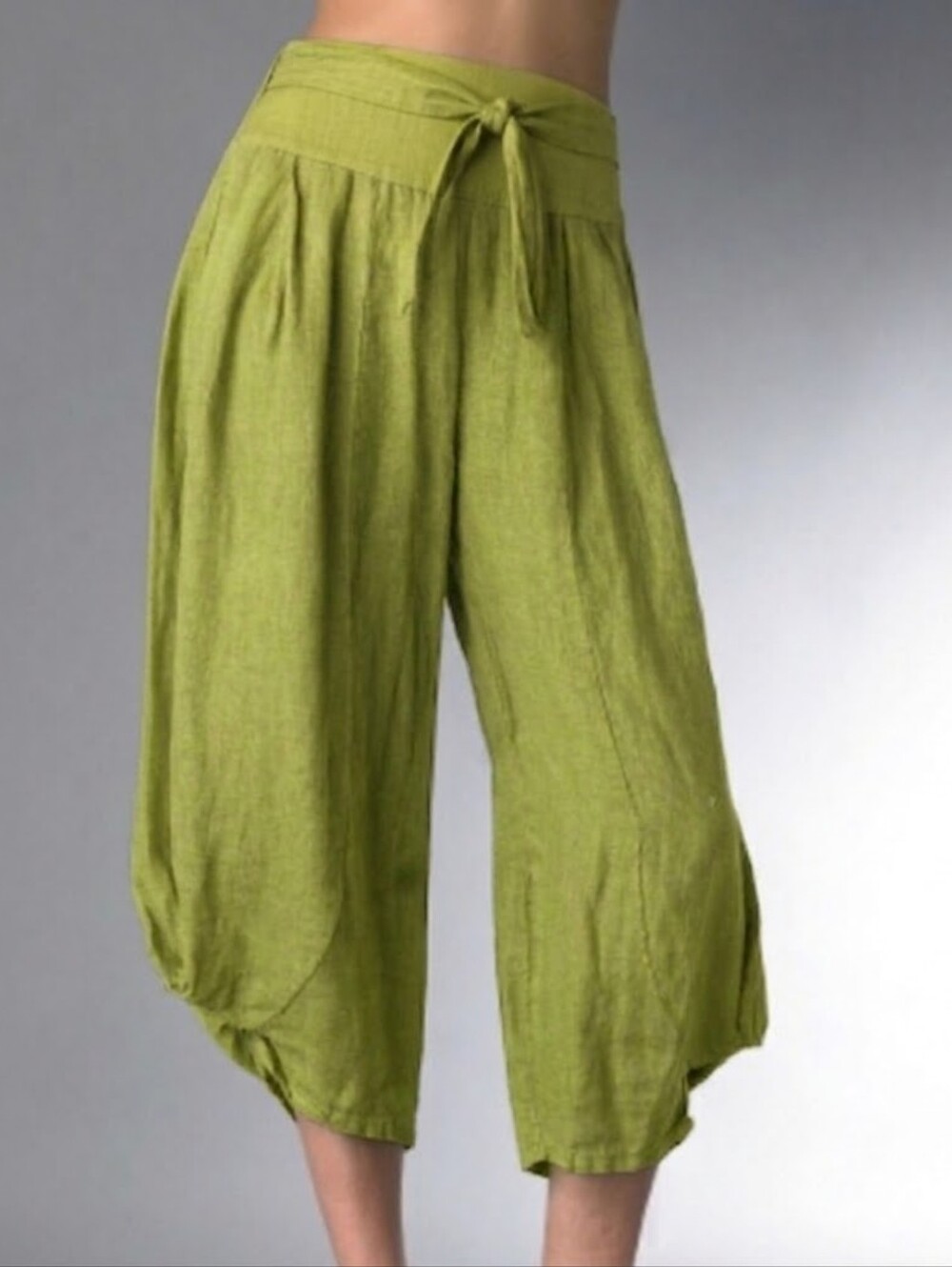 Boho Green Linen Wide Leg Crop Pants Size O/S